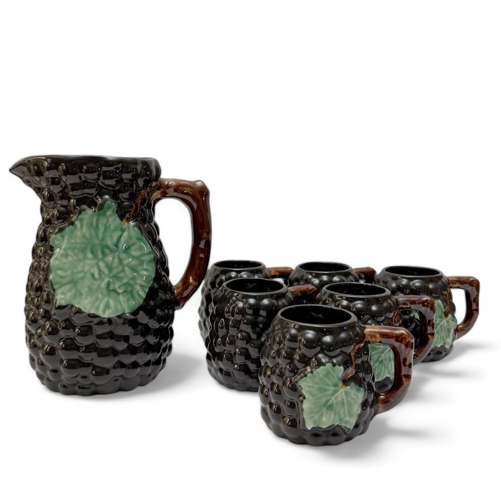 Vintage Grape Leaf Ceramic 7 Piece Pitcher and Cups Set Majolica Style Portugal